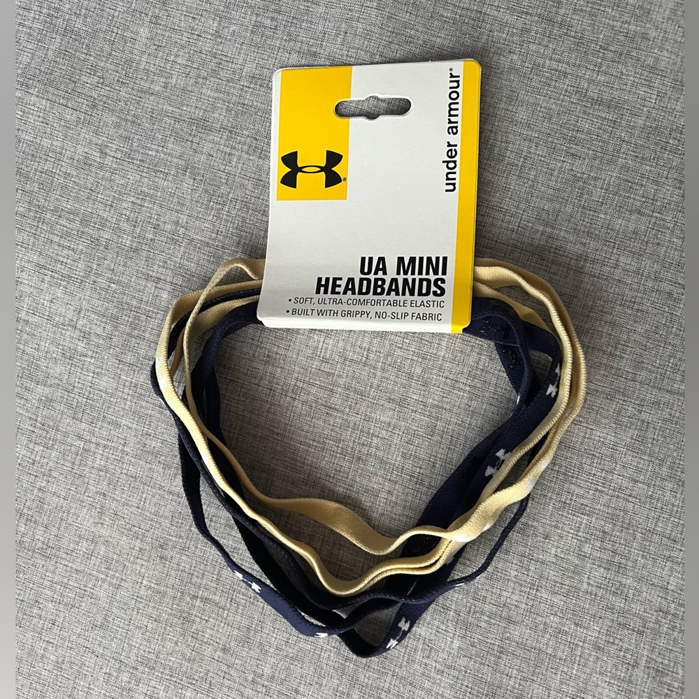 Under Armour Pack of 6 mini headbands, blue and yellow. Non-slip grip, thin. NWT